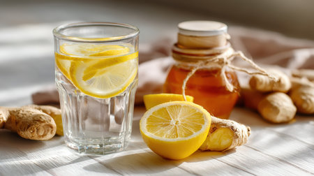 A vibrant stock photo featuring a glass of water with lemon slices, fresh ginger, and a honey jar on a white table. The image offers ample copy space, ideal for health-related content.の素材