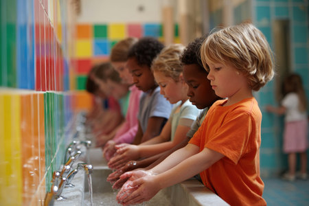 A group of children washing their hands in a colorful tiled school restroom, practicing hygiene together as part of a classroom routine. The image emphasizes cleanliness and teamwork.の素材