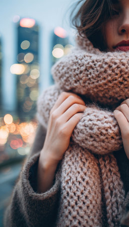 A close-up image of a person wrapping a chunky knit scarf around their neck, set against a softly lit winter cityscape with blurred buildings in the background.の素材