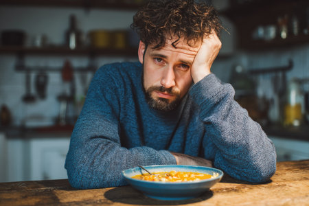 A man sits alone at a kitchen table, showing signs of emotional withdrawal. The cool-toned interior highlights his slumped shoulders and a half-eaten bowl of soup in front of him.の素材