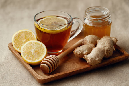 A warm and inviting setup featuring a glass cup of hot tea with lemon slices, a jar of honey with a wooden dipper, and fresh ginger root on a wooden tray, creating a cozy ambiance.の素材