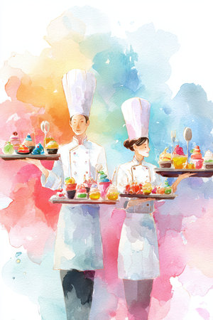 Vibrant watercolor illustration depicting chefs holding trays filled with colorful dishes. The soft gradients and artistic background evoke a cooking competition theme.の素材