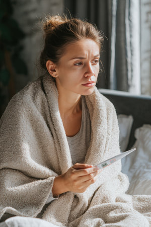 A woman sits in bed with a blanket over her shoulders, holding a digital thermometer and looking concerned. Soft daylight filters through a nearby window, highlighting her expression.の素材