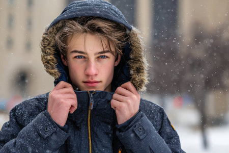 A teenager with a serious expression zips up a padded winter coat to the chin as snowflakes blow in the wind. The scene captures the essence of cold, wintry weather.の素材