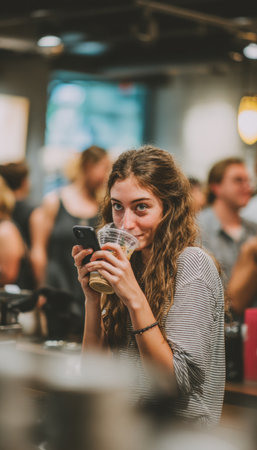 A young woman sips iced coffee while engaging in a livestream on her phone. The cafe setting features a soft focus background with people and baristas, creating a lively atmosphere.の素材
