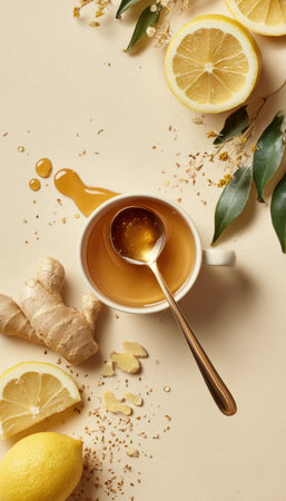 High-detail image of a spoonful of honey above a cup of herbal tea. Lemon slices and ginger root are nearby on a light background, ideal for wellness and health branding.の素材