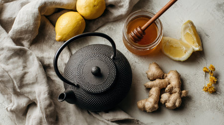 Aerial view of a winter tea arrangement featuring a teapot, honey jar, ginger root, and lemon wedges on a linen cloth. Styled for editorial or product photography on a neutral surface.の素材