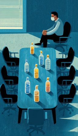 Illustration of a corporate meeting room with a person wearing a mask, sitting apart from others. Bottles of sanitizer are placed on the table, emphasizing health precautions.の素材