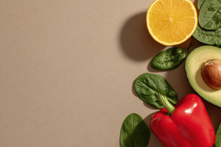 A minimal flat lay featuring vitamin-rich foods: avocado, citrus, red bell pepper, and spinach, arranged on a soft beige background with space for copy. Perfect for health-related content.の素材