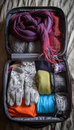 A top-down shot of a packed winter travel bag containing a scarf, gloves, thermal gear, and vitamins, ready for cold season travel. Perfect for winter vacation preparation.の素材