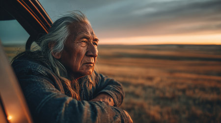 Cinematic portrait of an elderly Native American man with long gray hair, leaning out of a pickup truck. A vast prairie landscape and warm golden sunset create a serene backdrop.の素材