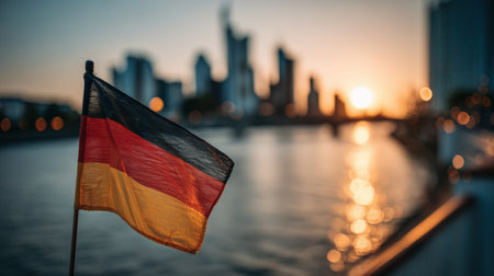 German flag waves in the wind above a city river at sunset, with warm golden light illuminating the skyline. The image features detailed fabric texture and a soft bokeh background.の素材