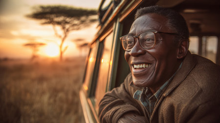 Elderly man with grey hair and glasses leans out of a car window, smiling joyfully against the backdrop of the African savanna during golden hour. The scene captures warmth and happiness.の素材