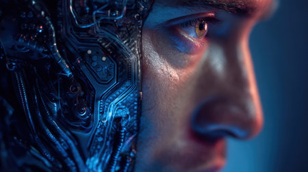 A hyper-realistic 3D portrait depicting a half-human, half-cyborg face. The left side is mechanical with exposed circuits, while the right side is a realistic human face, illuminated by blue light.の素材