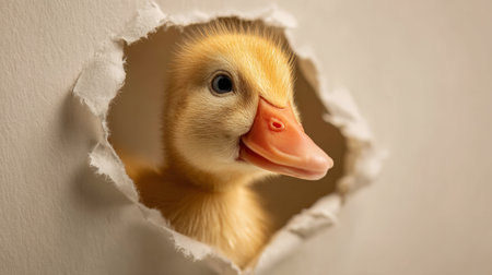 A young duckling with an orange beak peeks through a torn paper wall. The playful and warm composition highlights the duckling's curious expression in a minimalist style.の素材