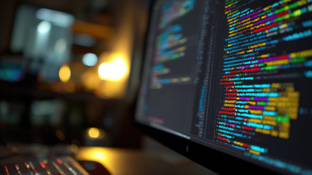 Close-up of a computer screen displaying colorful programming code. The blurred background and warm lighting create a modern developer workspace with cinematic aesthetics.の素材