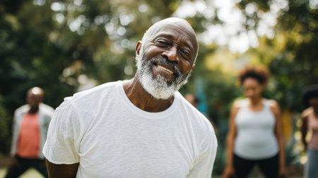 Elderly man with a bald head and grey beard smiles while practicing yoga outdoors with a group. He wears a white t-shirt and black pants, enjoying a sunny day in the park.の素材