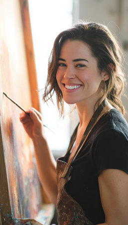 A female artist smiles proudly while holding a paintbrush in a bright, naturally lit studio. The photorealistic portrait captures her joy and creativity in a vertical layout.の素材