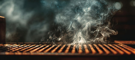Photorealistic close-up of smoke rising from a grill, captured in cinematic warm tones. The horizontal framing enhances the atmospheric effect, highlighting the grill's texture.の素材