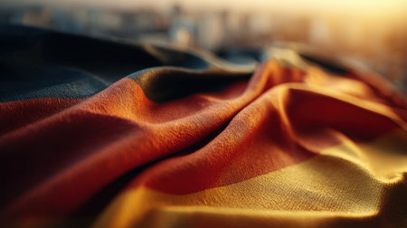 The German flag is beautifully illuminated by soft evening light, showcasing detailed fabric folds. A city by the river forms the atmospheric background, enhanced by golden hour tones.の素材