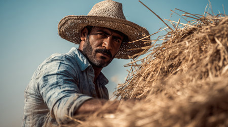 A Middle Eastern farmer with tanned skin and a straw hat handles a hay bale under a clear sky. The scene captures cinematic sunlight and a natural storytelling composition.の素材