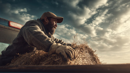 A farmer with a beard and cap lifts a hay bale into a pickup truck under a dramatic sky. The scene captures the essence of rural life with cinematic realism and natural light.の素材