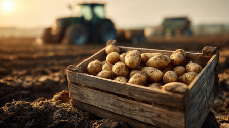 A wooden box filled with freshly harvested potatoes rests on the soil of a vast farmland. A tractor is blurred in the background under warm evening sunlight, creating a realistic countryside mood.の素材