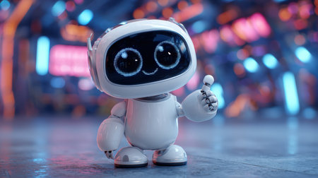 A cheerful cartoon robot with large expressive eyes and a white body gives a thumbs up in a vibrant, tech-inspired setting. The 3D animation style enhances its playful appearance.の素材