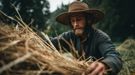 A Scandinavian man in a rustic outfit and wide-brim hat stacks hay in a serene meadow. Captured on a summer afternoon, the scene exudes a calm, pastoral ambiance with natural light.の素材