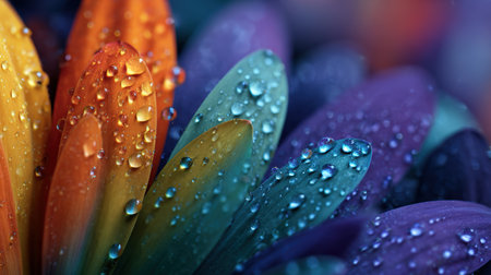 Close-up macro photography of rainbow gradient petals adorned with fresh dew. The image features shining reflections and a colorful, blurred background, creating a magical atmosphere.の素材