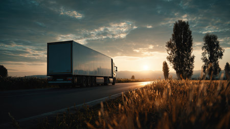 A freight vehicle travels on a rural asphalt road beside golden wheat fields, illuminated by the soft light of the setting sun, creating a tranquil and cinematic atmosphere.の素材