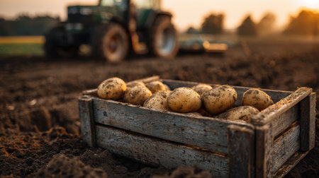 Freshly harvested potatoes in a rustic wooden box on brown soil, with a red tractor in the background. Captured at golden sunset, this image showcases a cinematic countryside scene.の素材