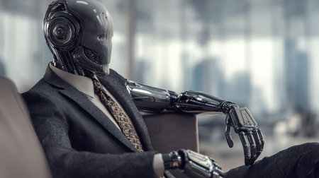 A futuristic android with chrome skin and mechanical hands, dressed in a charcoal gray suit and silk tie, sits casually in a modern corporate lounge under cold industrial lighting.の素材