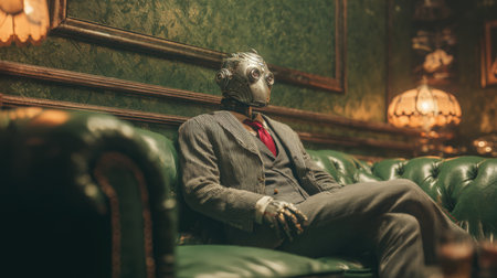 A humanoid android with polished chrome features and a subtle expression sits on a green leather sofa in a vintage gentlemanâs club, wearing a gray three-piece suit, during a warm evening.の素材