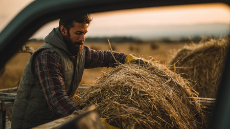 An Asian man with a beard and gloves loads a straw bale into a pickup truck on a sunny farm. The scene features a soft focus background of an open field with a warm color palette.の素材