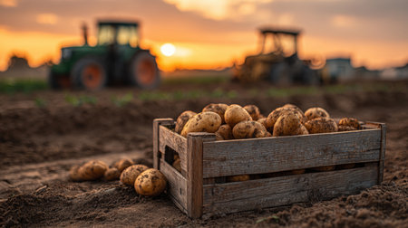 Freshly harvested potatoes fill a wooden box on a farm field at sunset. A tractor and crops are visible in the background, capturing the essence of rural agriculture.の素材