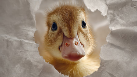 Close-up of a cute baby duck peeking through a hole in white paper. Captured with soft textures and natural light, this image highlights the duckling's charming features.の素材