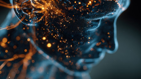 A digital human head composed of glowing blue data lines and particles, surrounded by orange lights, symbolizes artificial intelligence and neural networks in a cyber aesthetic.の素材