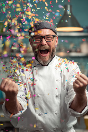 A joyful chef celebrates winning a culinary contest in a bright kitchen, with colorful confetti falling around. The photorealistic image captures the chef's exuberant expression.の素材
