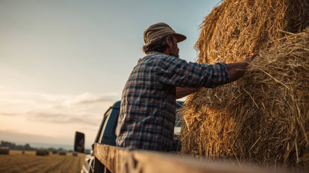 A Scandinavian farmer in a plaid shirt lifts a bale of straw onto a vehicle during golden hour. The scene captures the expansive sky and cinematic composition, highlighting rural life.の素材