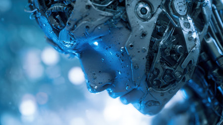 A cinematic depiction of a futuristic human-machine fusion, featuring intricate mechanical parts and a cold blue glow. The digital cyberpunk aesthetic enhances the sci-fi theme.の素材