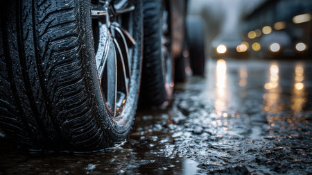 Close-up image of wet car tires with glistening water droplets, parked near a modern car service center. Captured in a moody evening atmosphere with reflections and high-detail realism.の素材