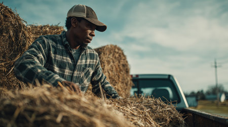 An African American farmer in a flannel shirt and cap organizes hay in a truck bed. The scene captures rustic farmland with a bright horizon, showcasing cinematic storytelling.の素材