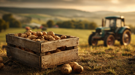A 3D realistic harvest scene featuring a wooden crate filled with potatoes. The countryside landscape includes a tractor and green fields, captured in warm golden-hour light.の素材