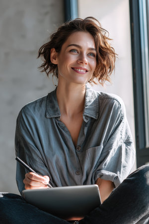 Portrait of a cheerful digital artist sitting with a laptop and stylus, bathed in bright natural light. The image has a photorealistic and clean modern feel, perfect for creative themes.の素材