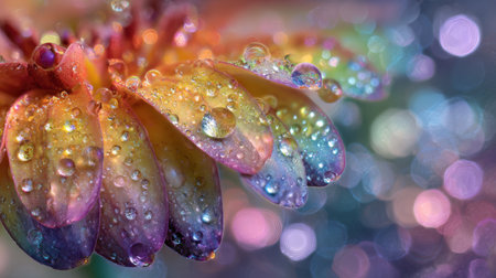 Macro photography capturing a rainbow-colored petal flower adorned with sparkling water droplets. The ethereal bokeh background enhances the luminous, fantasy realism style.の素材