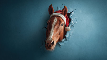 A chestnut horse wearing a red and white Santa hat peeks through a torn blue background. The image features warm holiday tones and a cinematic studio composition.の素材