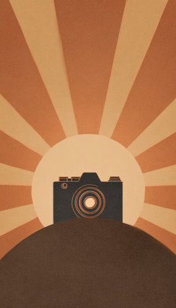 A modern, paper-cut layered illustration featuring a camera silhouette surrounded by radiant rays. The design uses soft gradients and a vertical layout, creating a minimalistic aesthetic.の素材