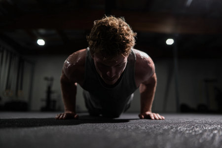 A determined male athlete performs push-ups on gym mats, sweat dripping onto the floor. Minimalistic training tools and dramatic shadow play from ceiling lights enhance the scene.の素材