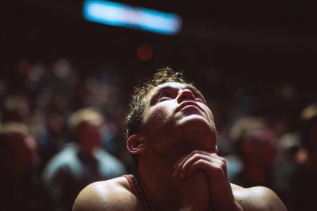 A man looks upward with hands clasped, displaying raw emotion and gratitude after winning a match. The blurred crowd and lights in the background emphasize his moment of triumph.の素材